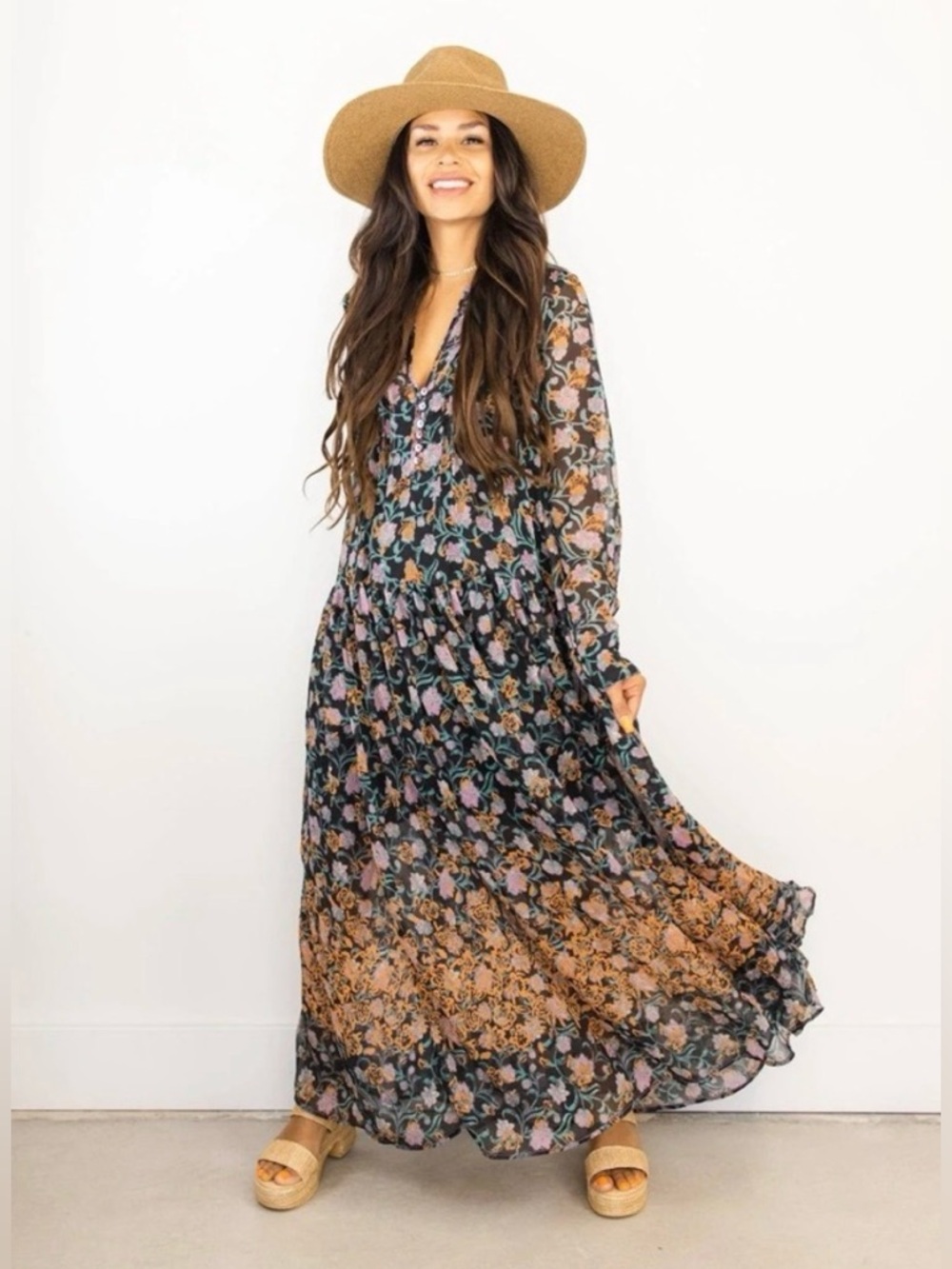 Free People See It Through Maxi Dress Floral Printed Long Sleeve Sheer Small